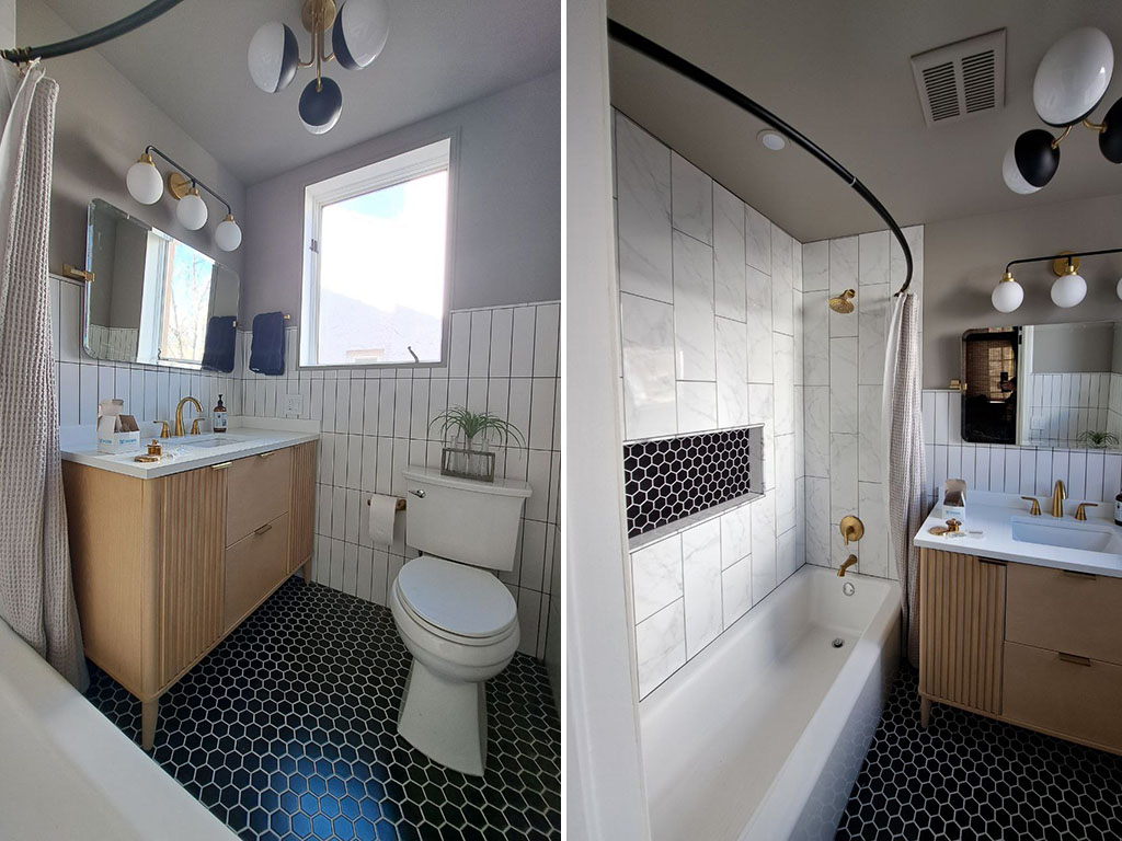 Modern bathroom remodel featuring a freestanding tub