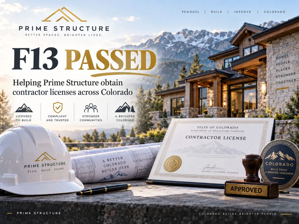 Prime Structure Colorado contractor licensing milestone after passing the ICC F13 Residential Building Contractor exam