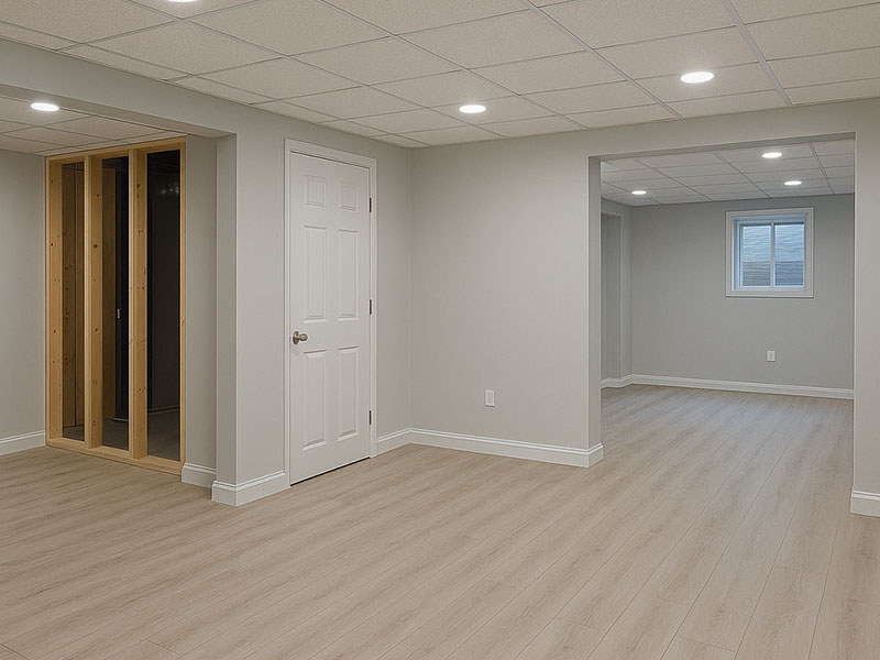 Finished basement with framed walls and lighting in Denver home