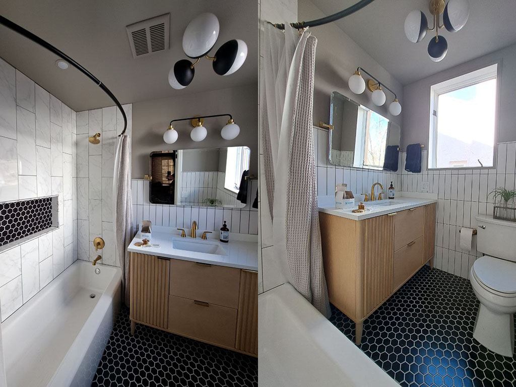 Bright kitchen remodel with white cabinets and wood beams