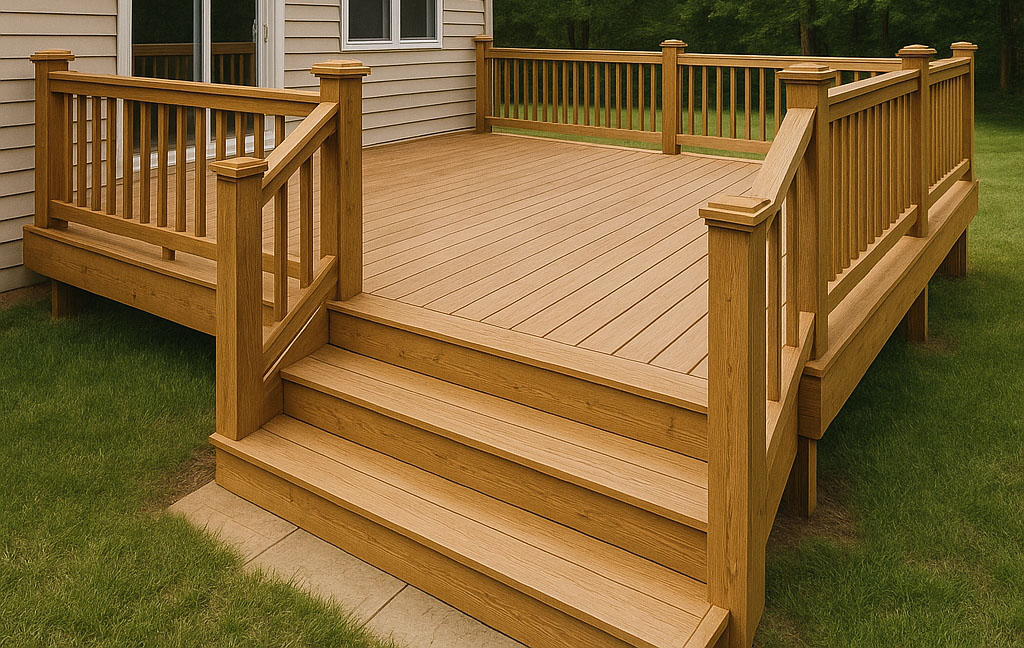 Custom deck building in Denver with composite materials, wood railings, and spacious layout