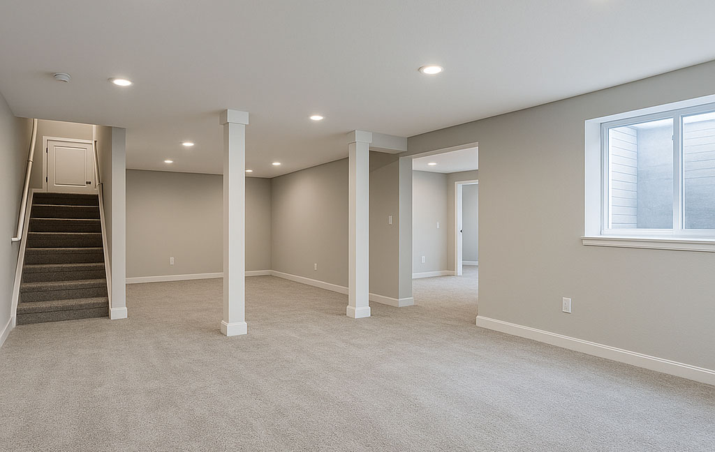 Finished basement with custom framing and drywall in a Denver home